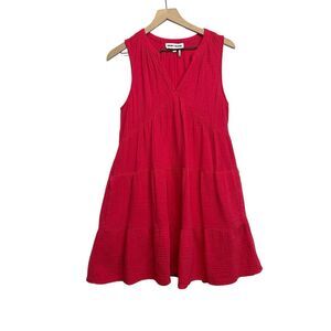 DKNY Women's Sleeveless V-Neck Tiered Dress, Bright Pink Cotton Gauze sz Small
